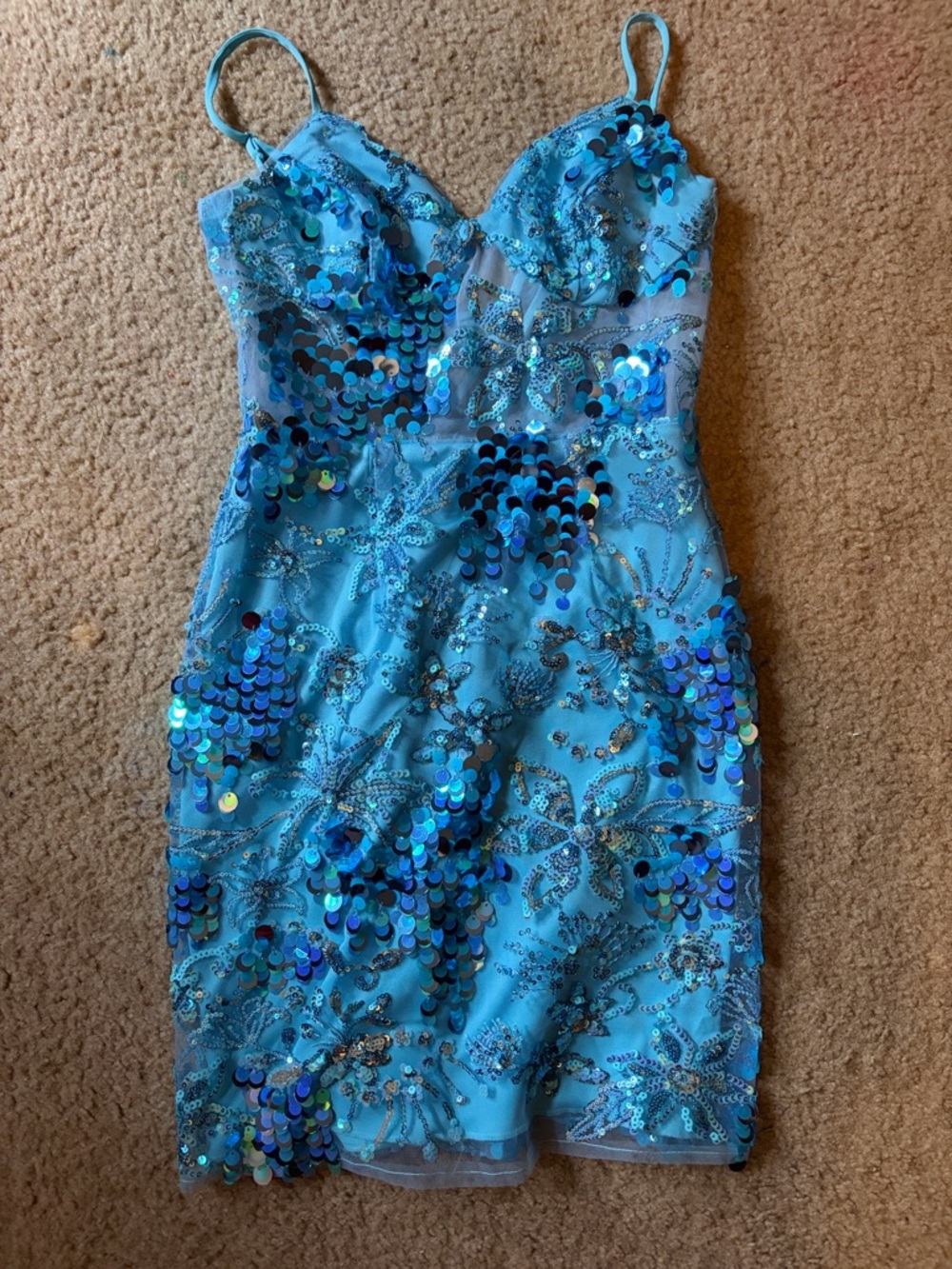 David's Bridal Turquoise Sequin Spaghetti Strap Mini Dress